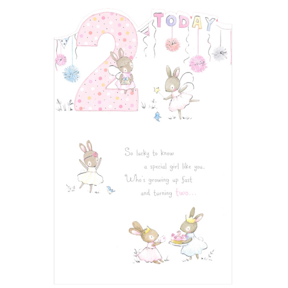BIRTHDAY CARD 2ND GIRL TRIFOLD BUNNY PARTY