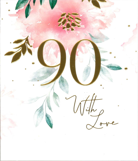 BIRTHDAY CARD 90TH PINK FLOWERS