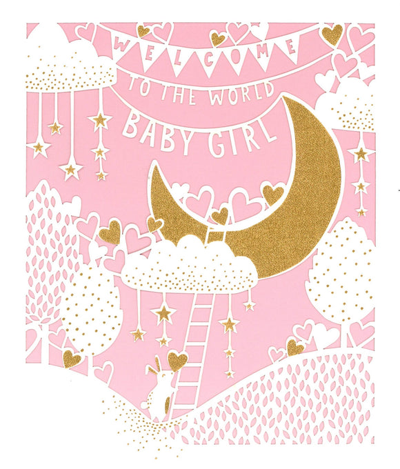 NEW BABY CARD GIRL LASER CUT MOON AND RABBIT