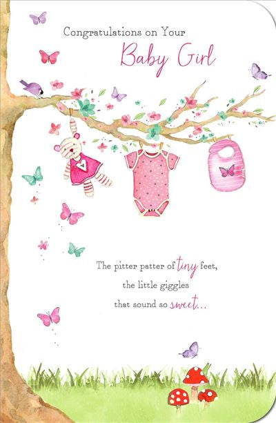 NEW BABY CARD GIRL ITEMS HANGING FROM TREE