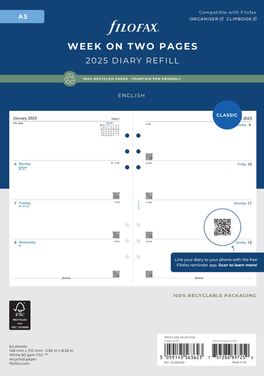 2025 FILOFAX A5 REFILL RECYCLED WEEK-TO-VIEW