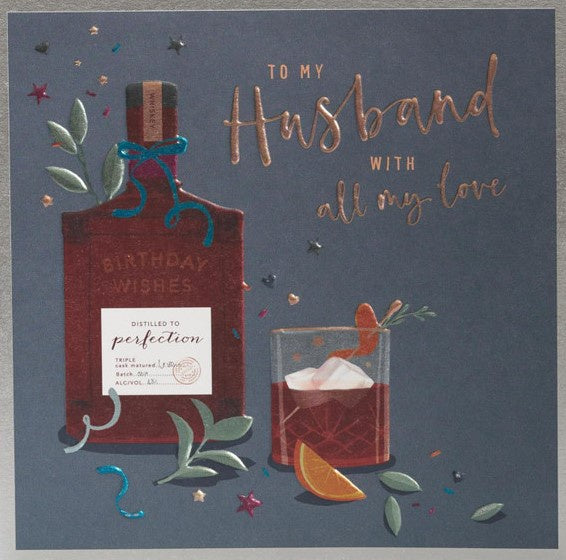 BIRTHDAY CARD HUSBAND WHISKEY BOTTLE AND GLASS