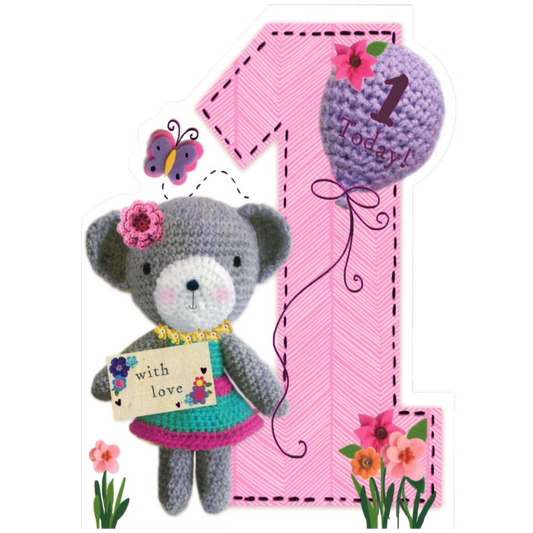 BIRTHDAY CARD 1ST KNITTED BEAR WITH BALLOON