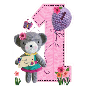 BIRTHDAY CARD 1ST KNITTED BEAR WITH BALLOON