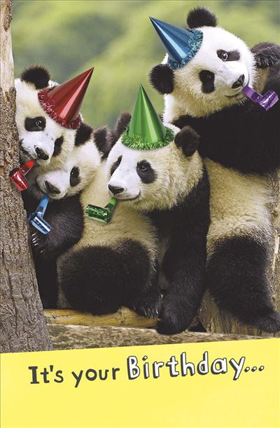 BIRTHDAY CARD PANDAS WITH PARTY HATS