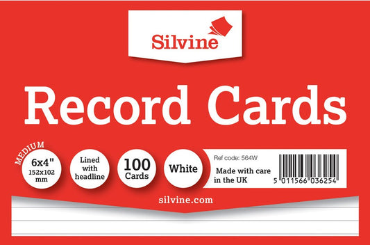 SILVINE RECORD CARDS 6"X4" RULED WHITE
