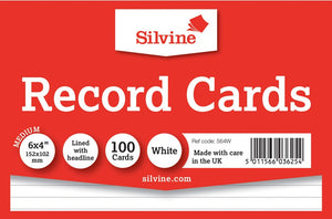 SILVINE RECORD CARDS 6"X4" RULED WHITE