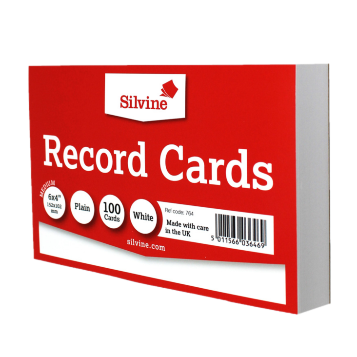 SILVINE RECORD CARDS 6"X4" PLAIN WHITE