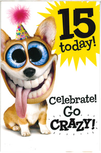 BIRTHDAY CARD 15TH GO CRAZY DOG