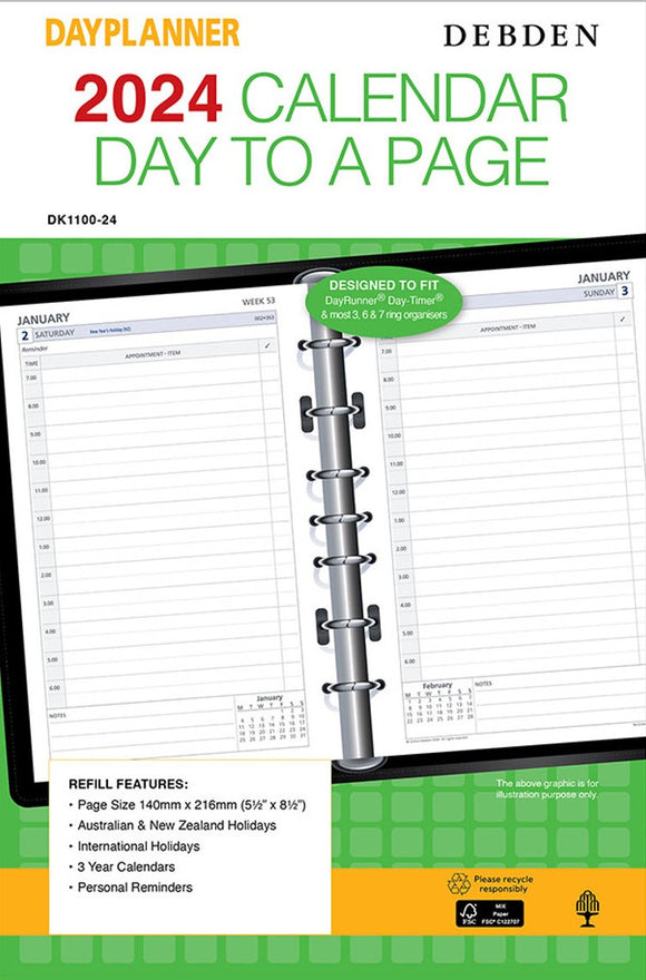 2024 DEBDEN DAYPLANNER DESK ORGANISER REFILL DAY TO A PAGE