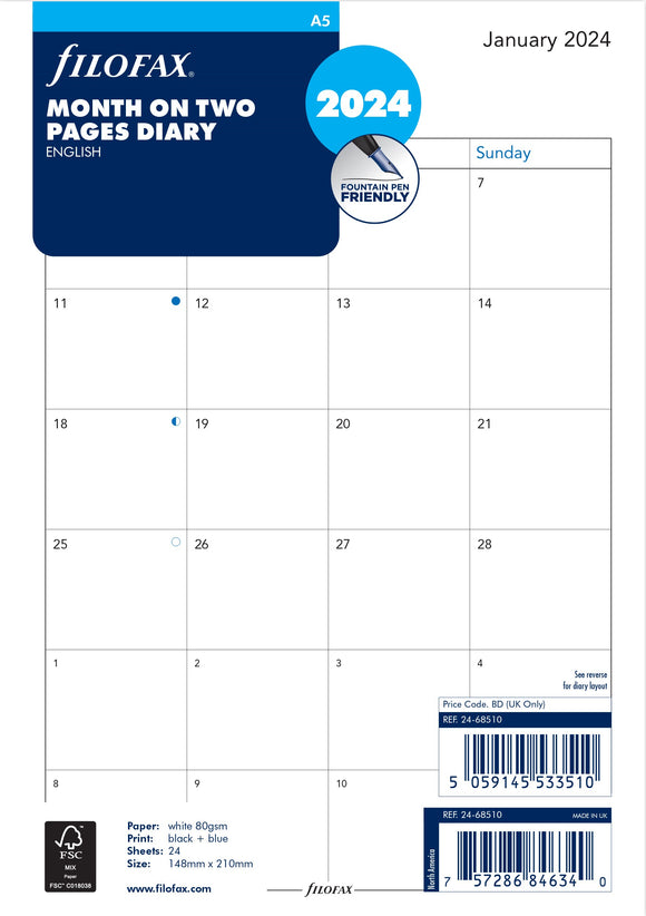 2024 FILOFAX A5 REFILL MONTH ON TWO PAGES