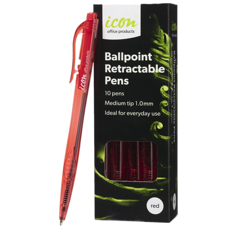 ICON 1.0MM RETRACTABLE BALLPOINT PENS RED BOX OF 10