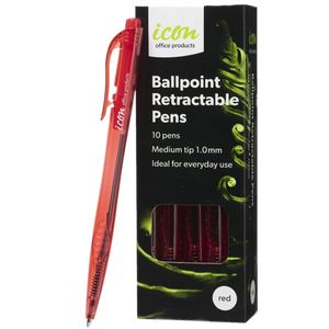 ICON 1.0MM RETRACTABLE BALLPOINT PENS RED BOX OF 10