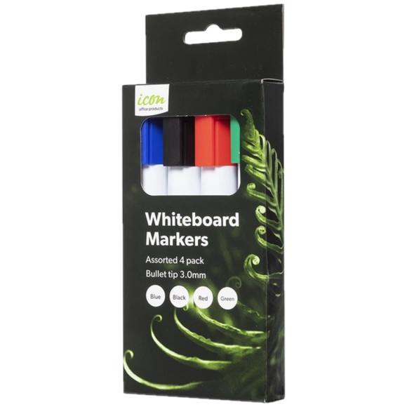 ICON BULLET-TIP WHITEBOARD MARKERS PACK 4 ASSORTED