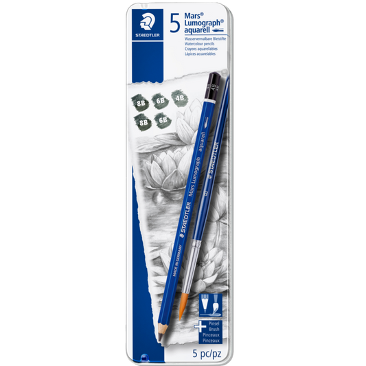 MARS LUMOGRAPH AQUARELL PENCILS TIN OF 5 WITH BRUSH