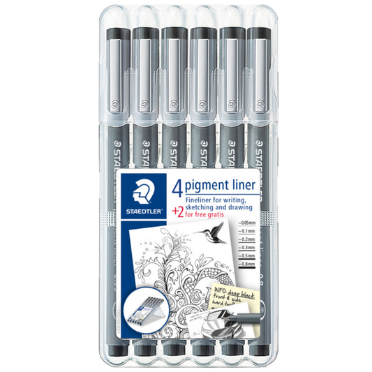 STAEDTLER BLACK PIGMENT LINER 4+2 FREE ASSORTED WIDTHS