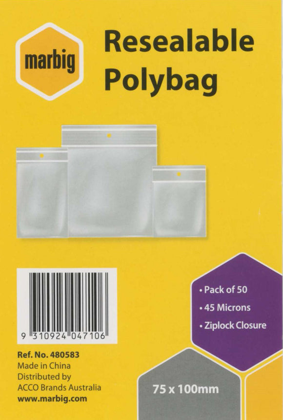RESEALABLE POLYBAGS 75X100MM PACK 50