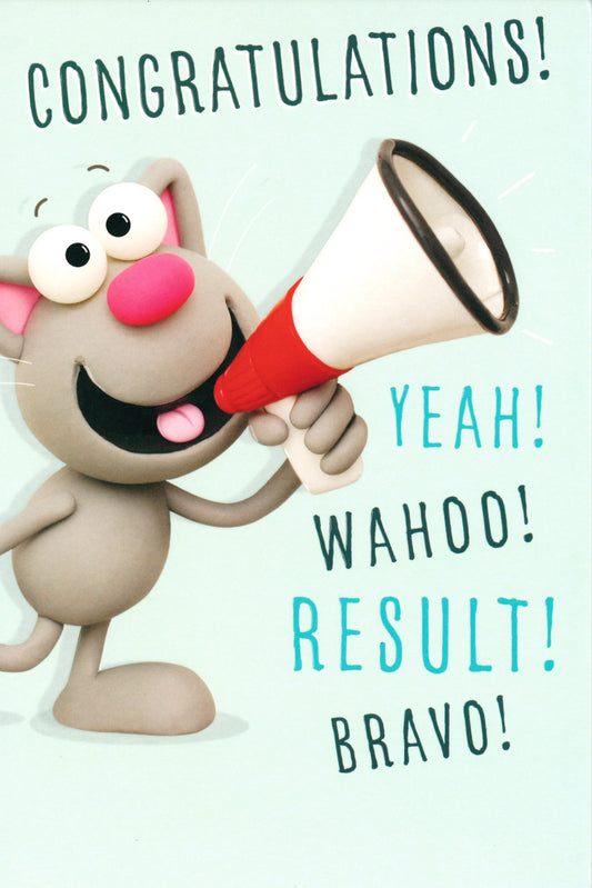 CONGRATULATIONS CARD CAT WITH MEGAPHONE