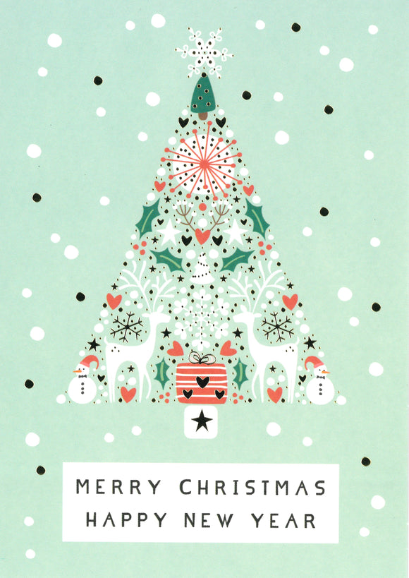 CHRISTMAS CARD WHITE TREE WITH HOLLY & HEARTS