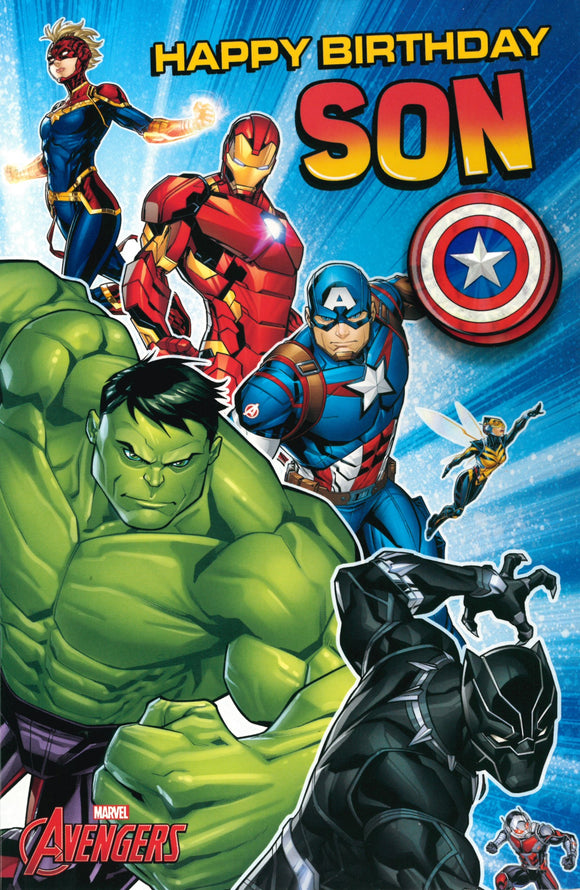 BIRTHDAY CARD SON AVENGERS WITH BADGE
