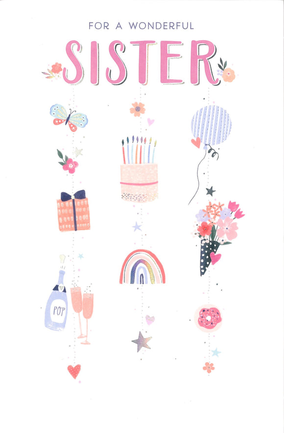 BIRTHDAY CARD SISTER HANGING ICONS
