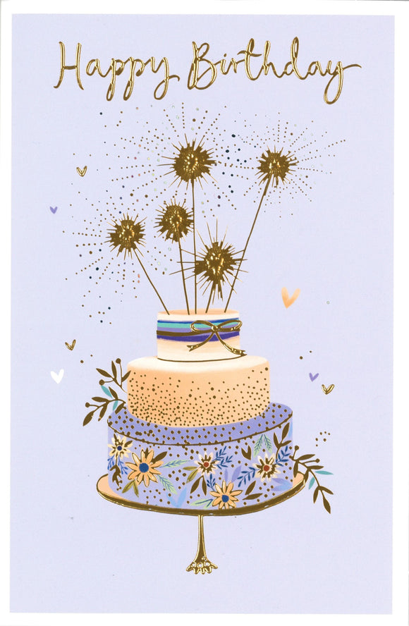 BIRTHDAY CARD LILAC CAKE AND SPARKLERS