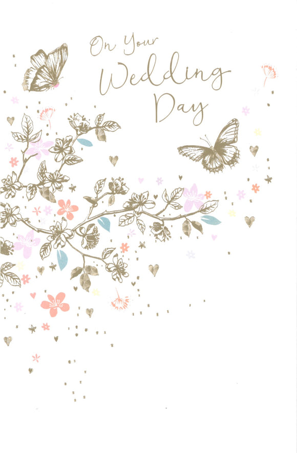 WEDDING CARD PASTEL FLOWERS AND GOLD BUTTERFLIES