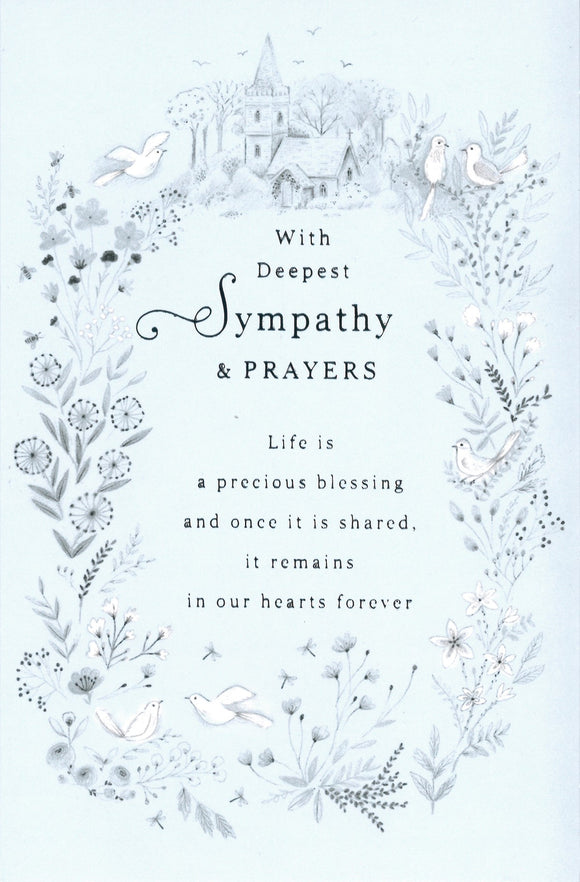 SYMPATHY CARD CHURCH WITH DOVES AND FLOWERS